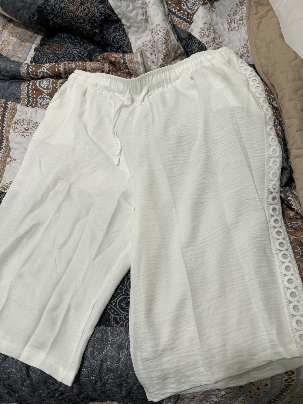 White and grey Women's Capris with Lace-Trim Side Panels